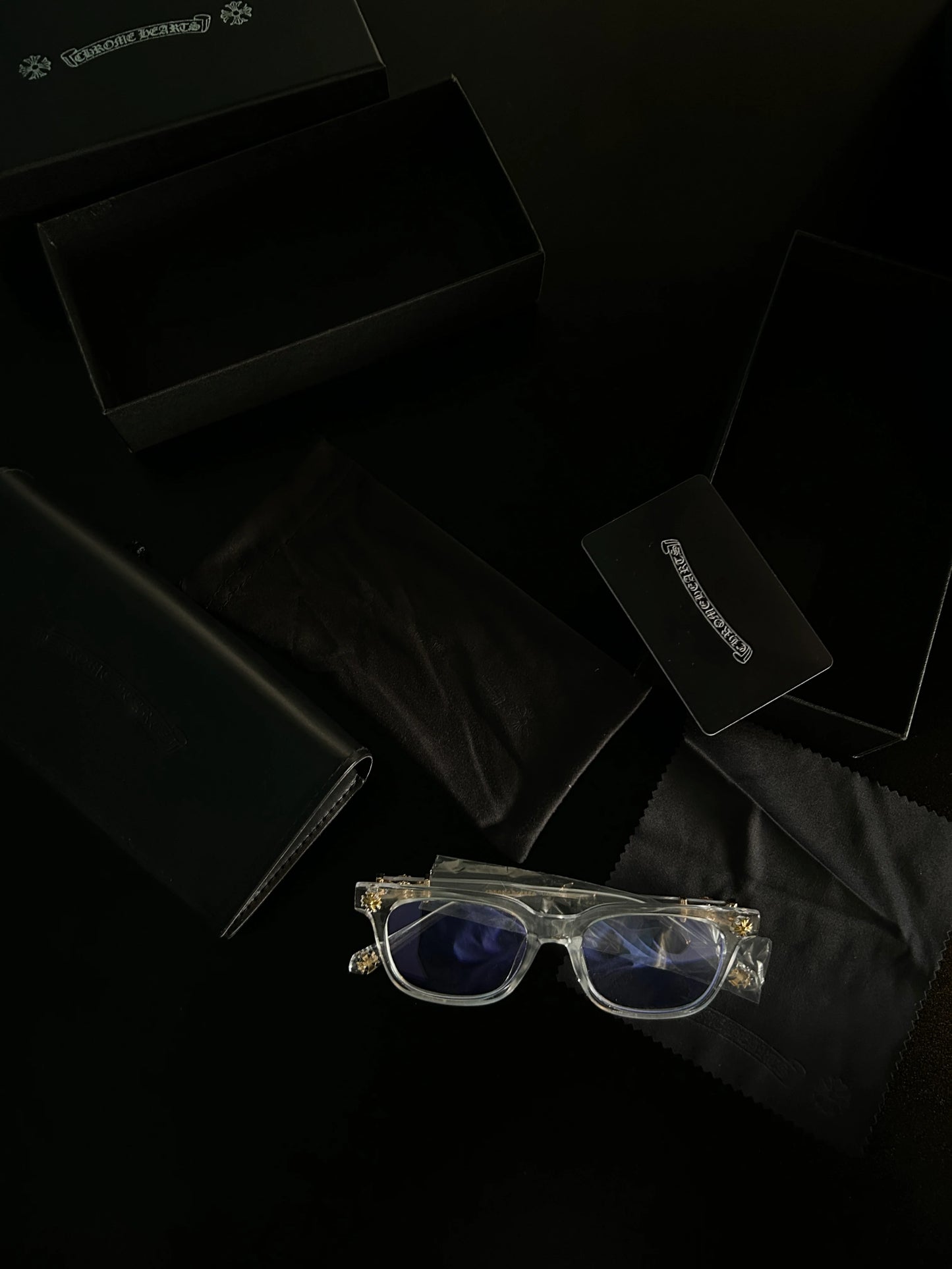 Chrome glasses - clear & gold badges