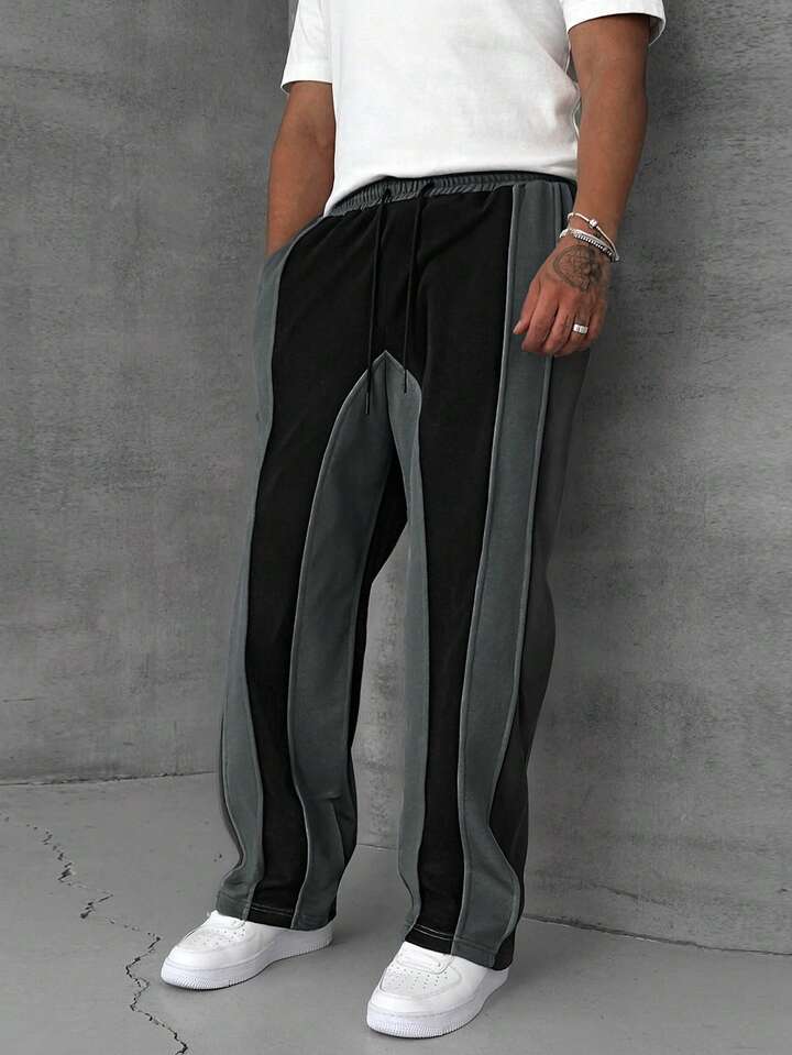 Casual Patchwork Contrast Color Drawstring Loose Wide Leg Men Pants