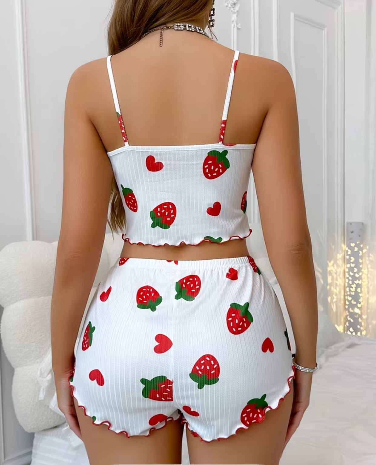 Women's Strawberry Heart Print Ribbed Scalloped Hem Shorts Pajama Set with Red Bow
