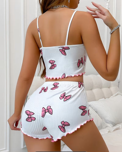 Women'S White Butterfly Print Spaghetti Strap Top & Shorts Set - Casual Summer Sleepwear with Ruffled Hem
