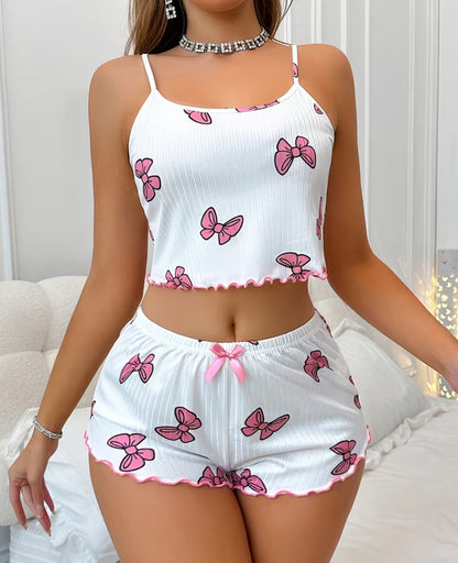 Women'S White Butterfly Print Spaghetti Strap Top & Shorts Set - Casual Summer Sleepwear with Ruffled Hem
