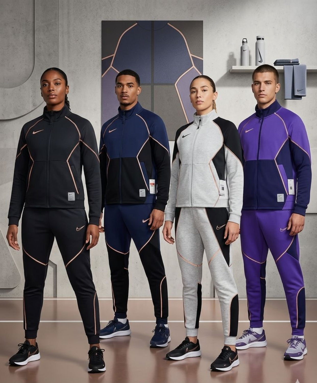 Strike+ tracksuits in black, navy, grey, and purple.