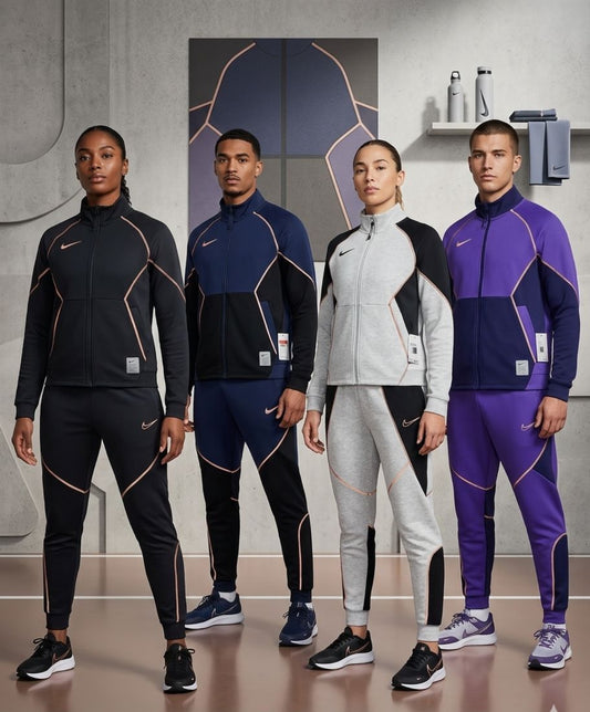 Strike+ tracksuits in black, navy, grey, and purple.
