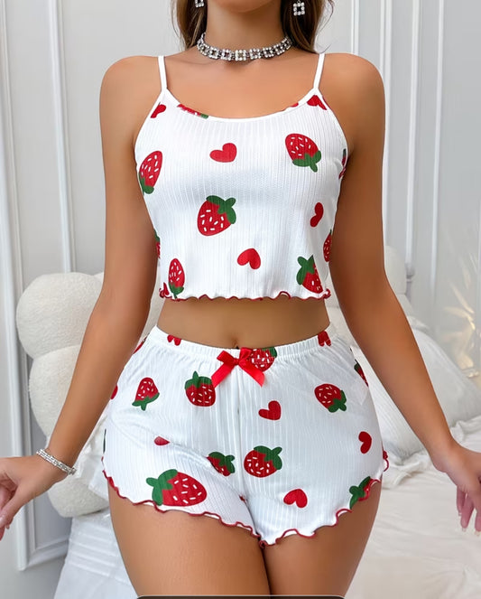 Women's Strawberry Heart Print Ribbed Scalloped Hem Shorts Pajama Set with Red Bow