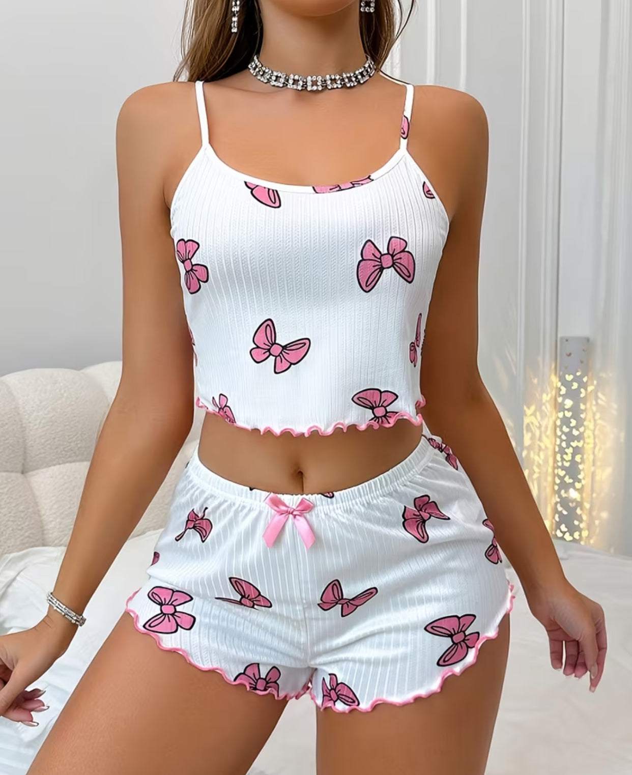 Women'S White Butterfly Print Spaghetti Strap Top & Shorts Set - Casual Summer Sleepwear with Ruffled Hem