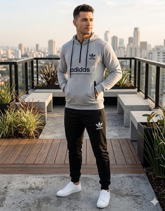 adidas Trefoil Fleece Hoodie and matching joggers in grey and black