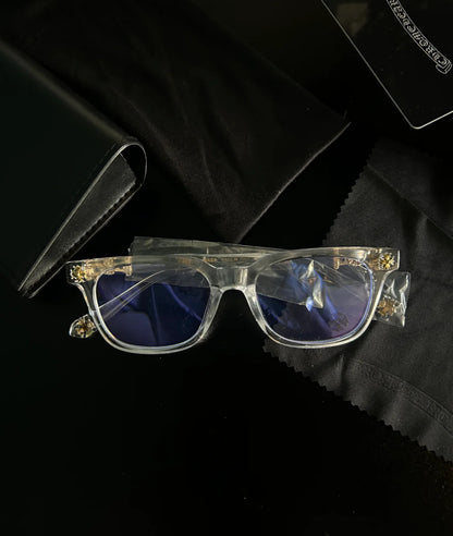 Chrome glasses - clear & gold badges