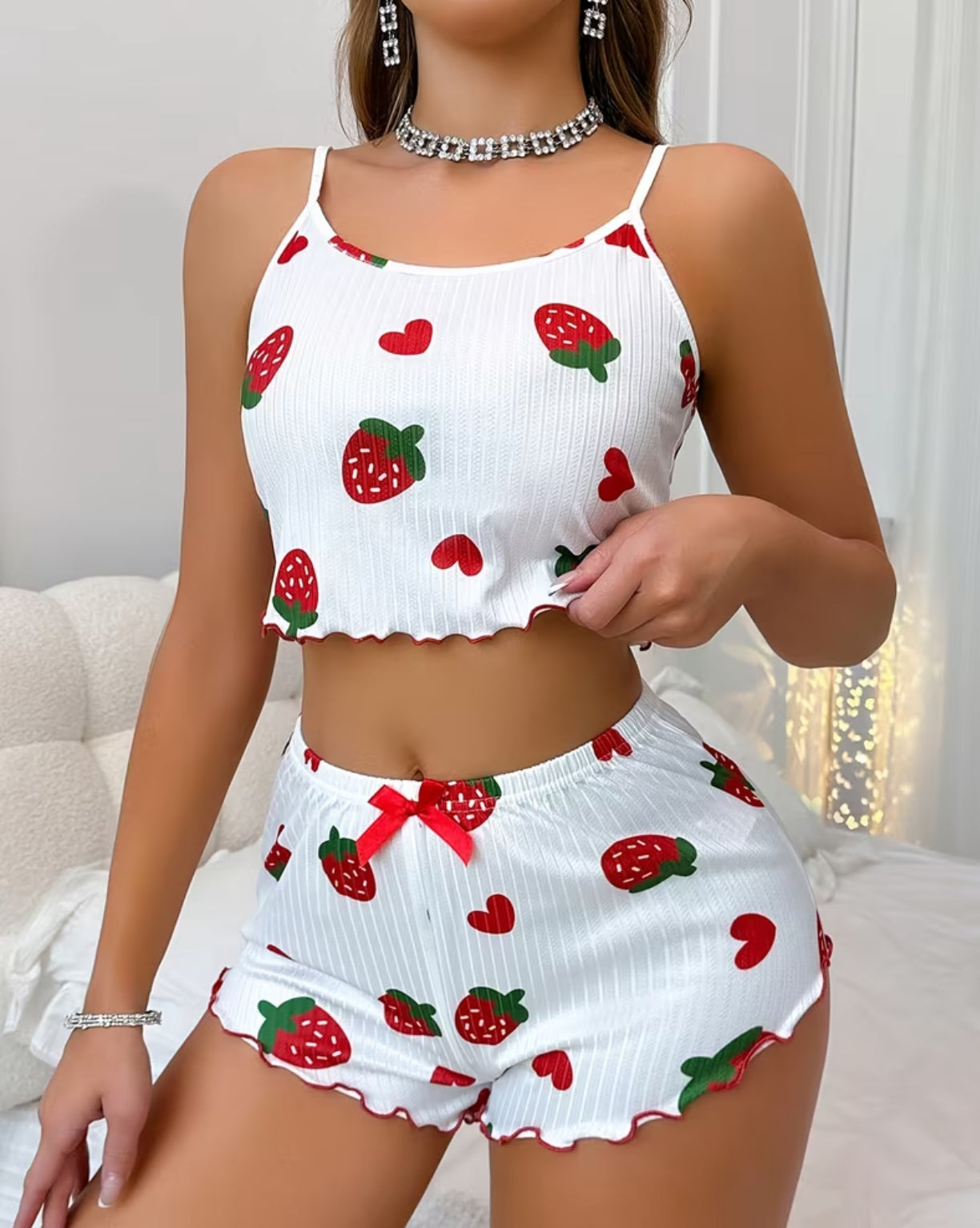 Women's Strawberry Heart Print Ribbed Scalloped Hem Shorts Pajama Set with Red Bow