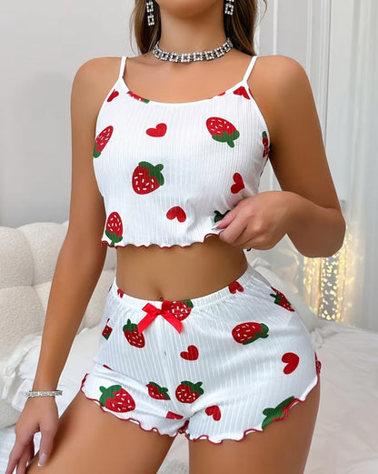 Women's Strawberry Heart Print Ribbed Scalloped Hem Shorts Pajama Set with Red Bow
