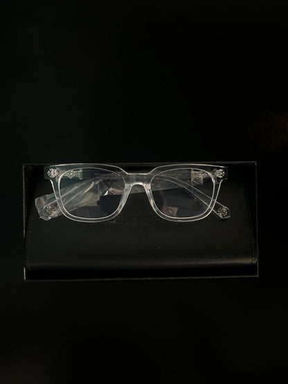 Chrome  glasses - clear & silver badges