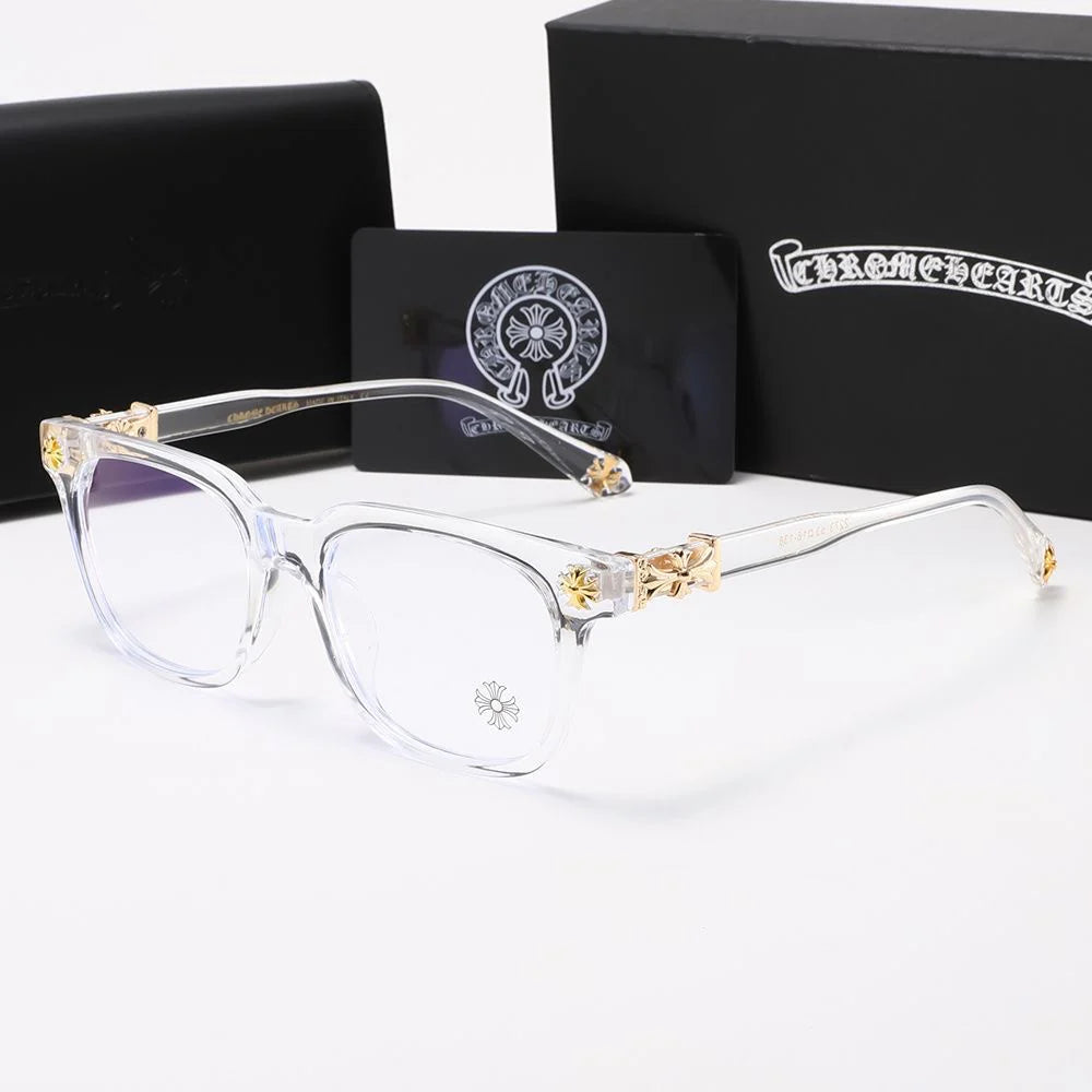 Chrome glasses - clear & gold badges