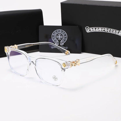 Chrome glasses - clear & gold badges