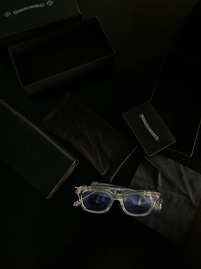 Chrome glasses - clear & gold badges