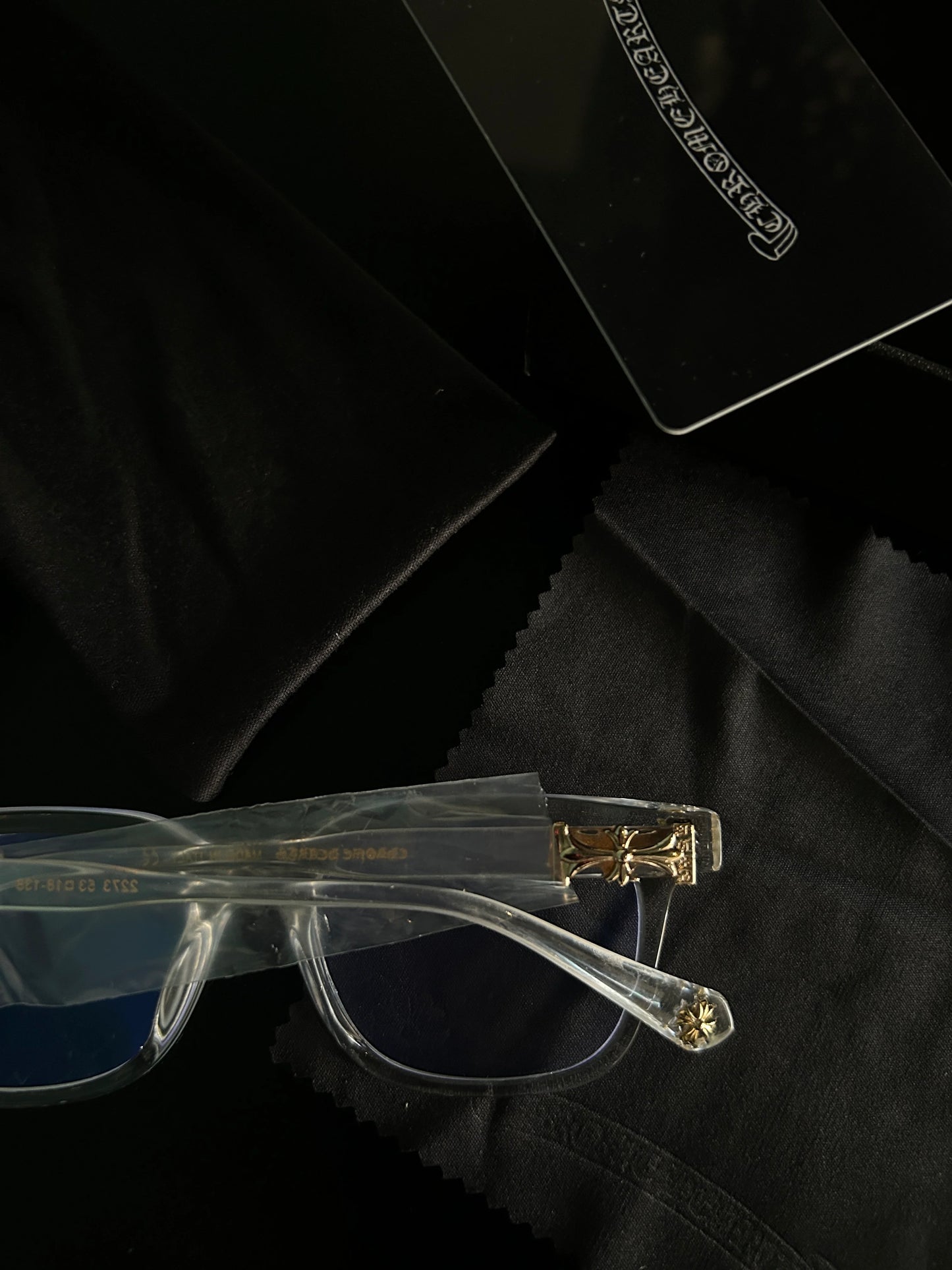 Chrome glasses - clear & gold badges