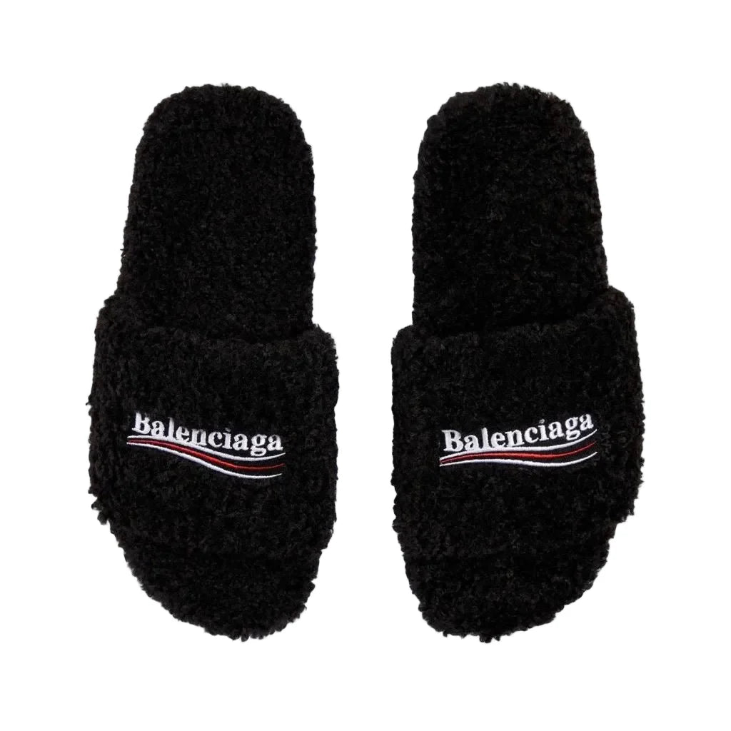 BLACK FURRY SLIDE SANDALS