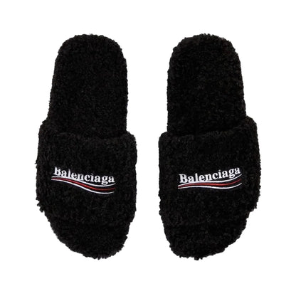 BLACK FURRY SLIDE SANDALS