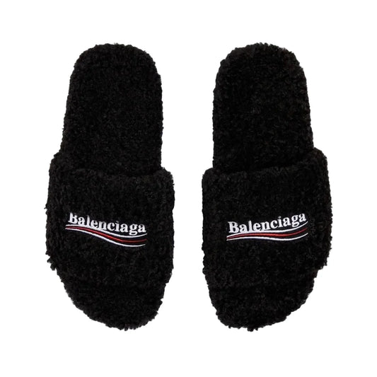 BLACK FURRY SLIDE SANDALS
