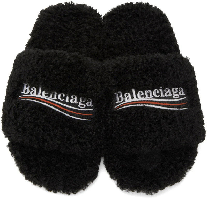 BLACK FURRY SLIDE SANDALS