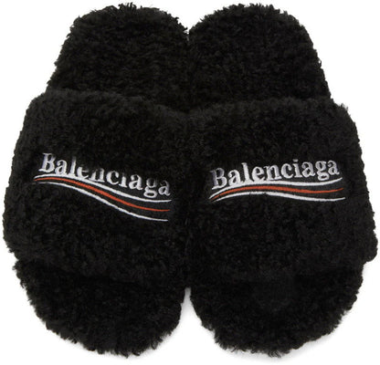 BLACK FURRY SLIDE SANDALS