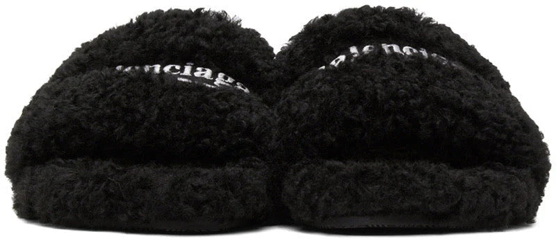 BLACK FURRY SLIDE SANDALS