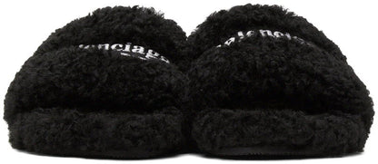 BLACK FURRY SLIDE SANDALS