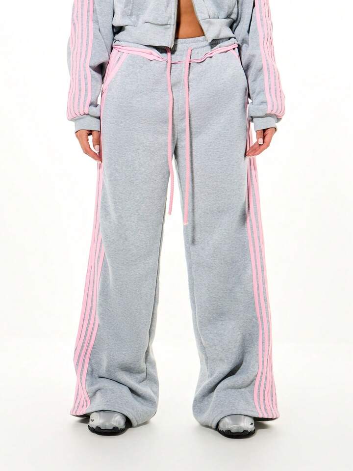 WOMEN Oversized Wide Leg Joggers With Contrast Pink Side Stripe