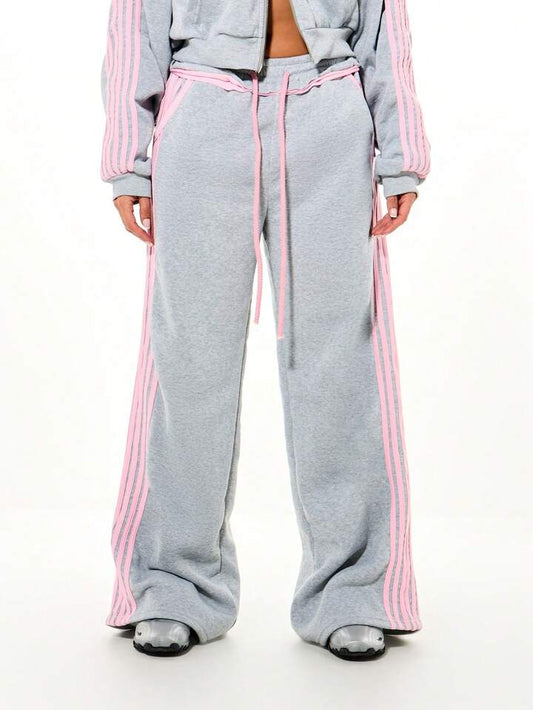 WOMEN Oversized Wide Leg Joggers With Contrast Pink Side Stripe