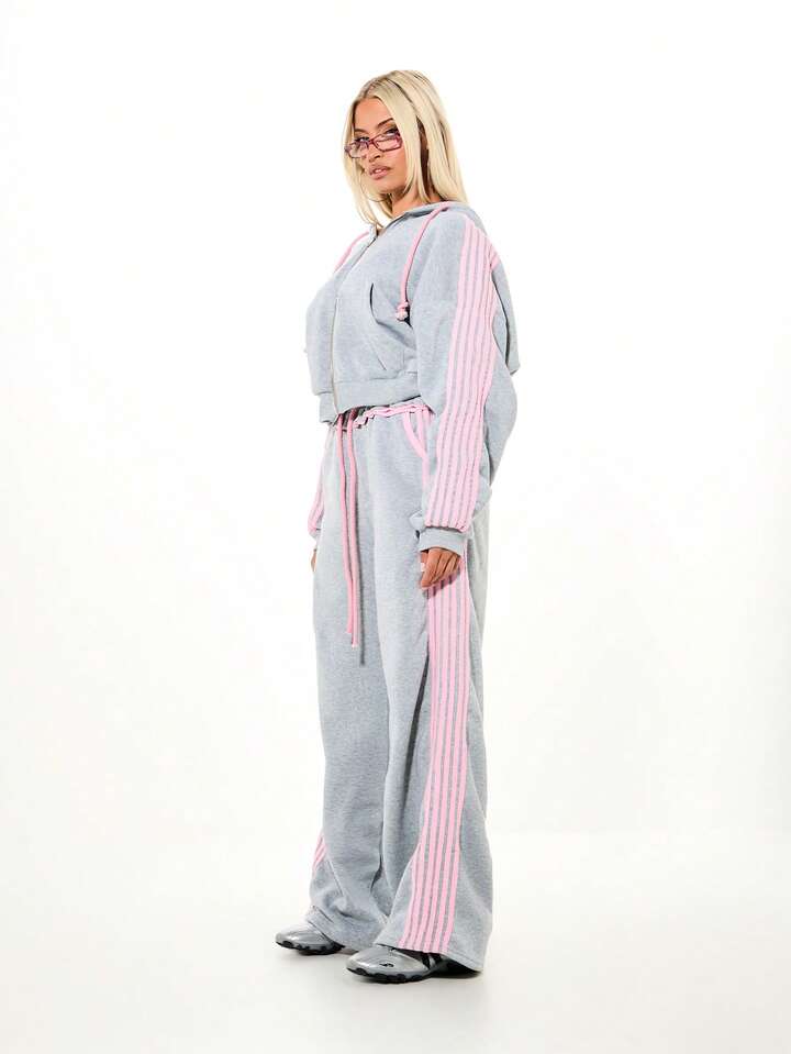 WOMEN Oversized Wide Leg Joggers With Contrast Pink Side Stripe