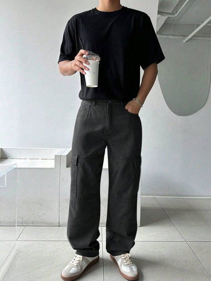 Men's Casual Solid Color Cargo Pants, Versatile For Autumn, Fall