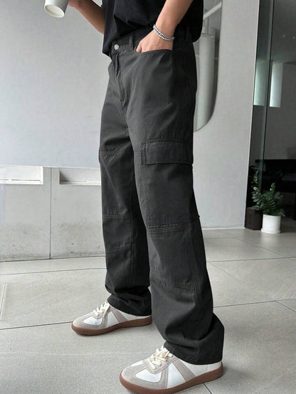 Men's Casual Solid Color Cargo Pants, Versatile For Autumn, Fall