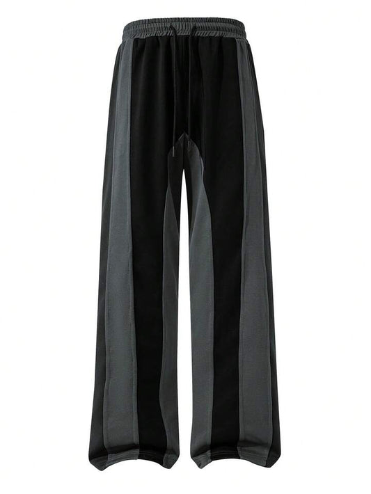 Casual Patchwork Contrast Color Drawstring Loose Wide Leg Men Pants