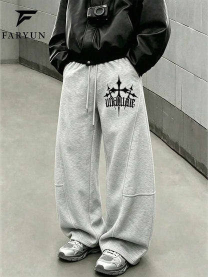 Men's Letter Print Drawstring Waist Pockets Casual Loose Sweatpants, Gray Loose Fit Sports Pants